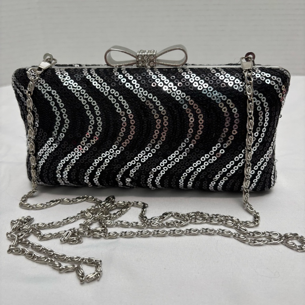 Chic Black and Silver Beaded Wristlet Clutch Or Shoulder Bag